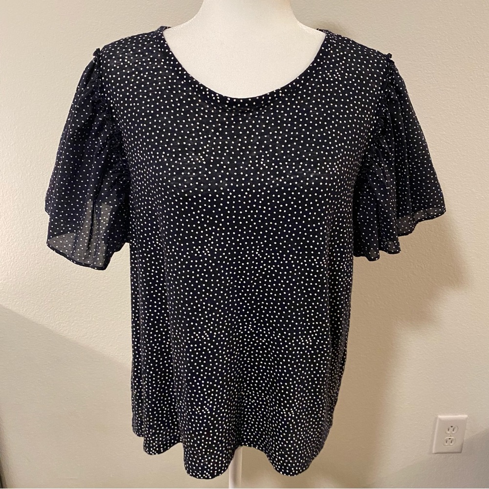 LOFT Black White Polka Dot Linen Flutter Sleeve Blouse
